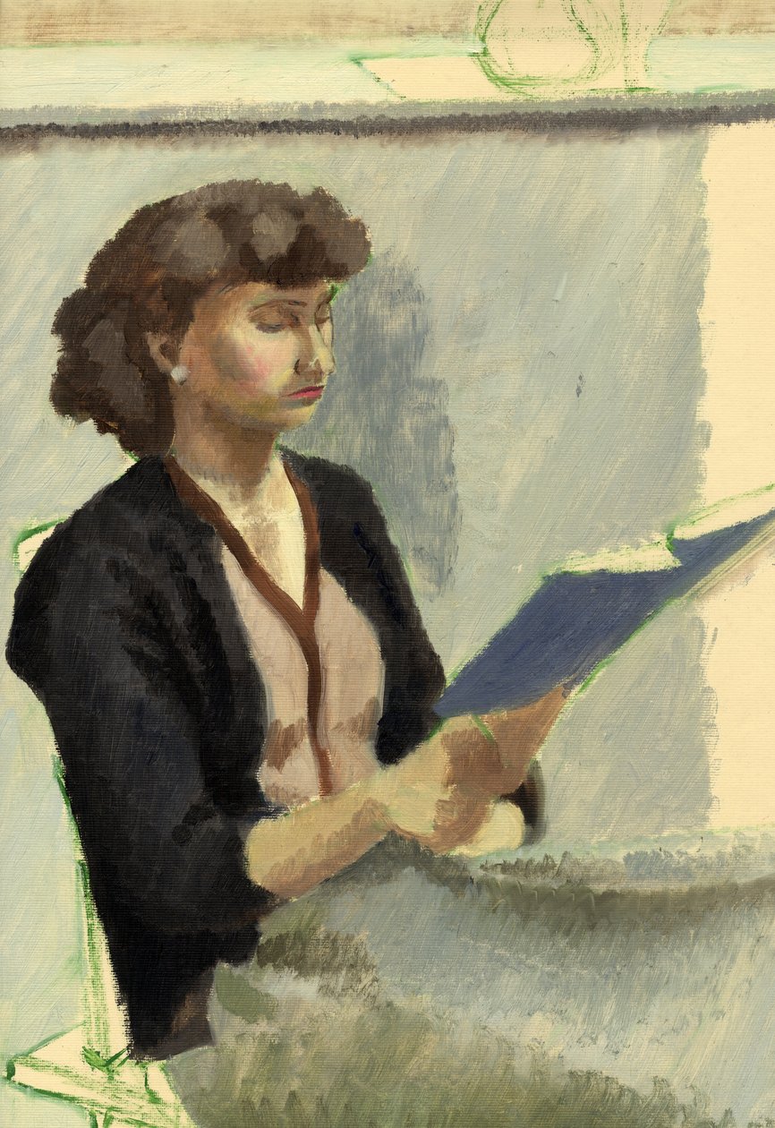 坐着看书的女人，约1953年。 作者 雪莉·马卡姆