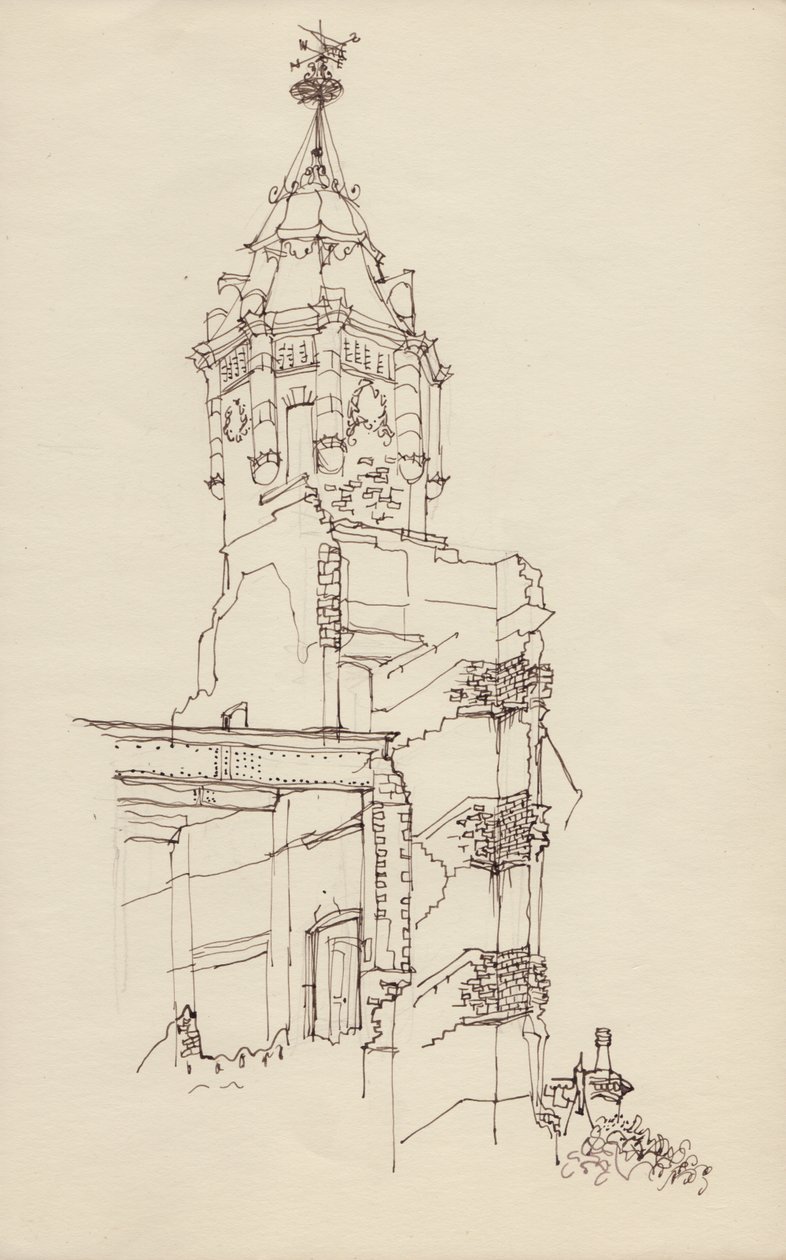 废墟建筑的塔楼，约1950年。 作者 雪莉·马卡姆