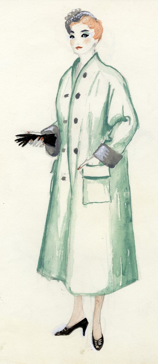 穿绿色大衣的女人，约1950年。 作者 雪莉·马卡姆