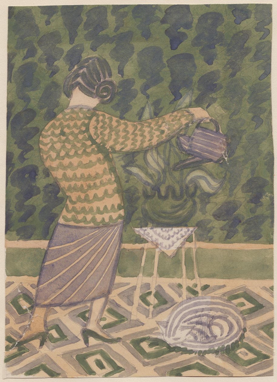 浇灌植物的妇女，约1951年。 作者 雪莉·马卡姆