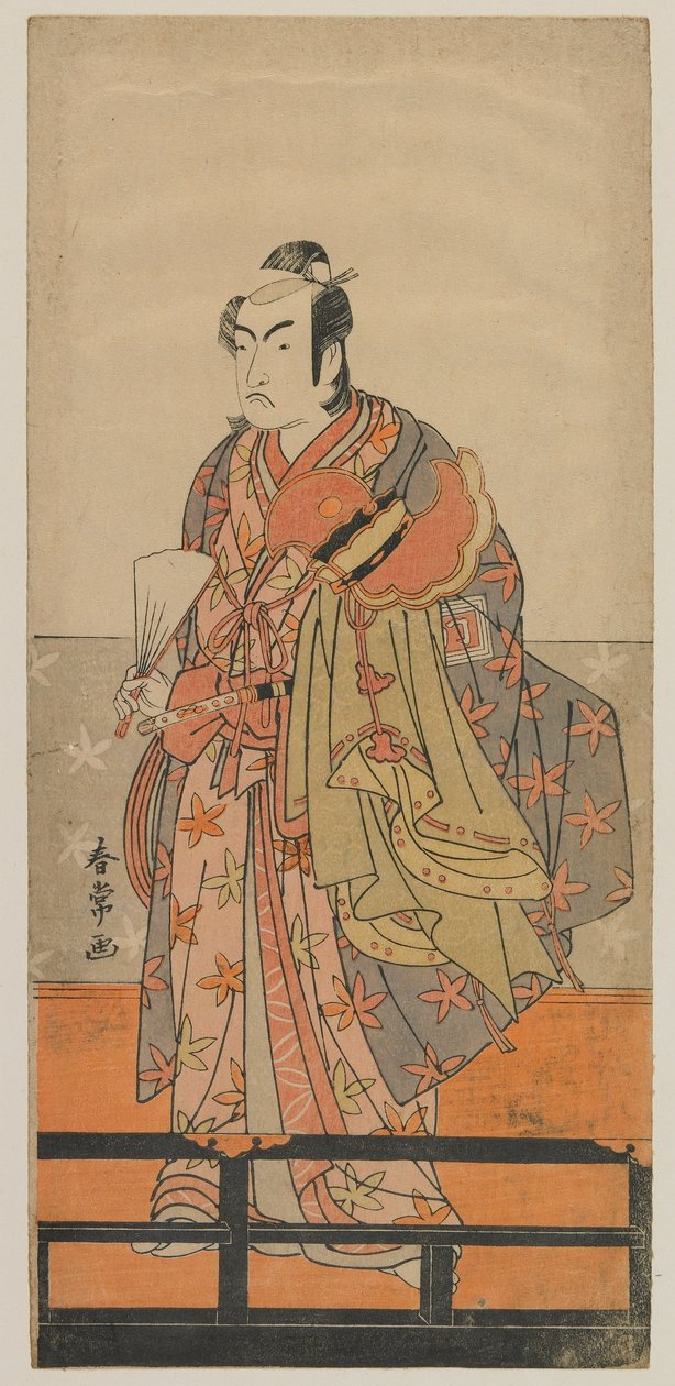 歌舞伎演员Ichikawa Monnosuke II持有一个雅乐舞者头盔和长袍，江户时代，17世纪80年代（彩色木版画） 作者 顺城