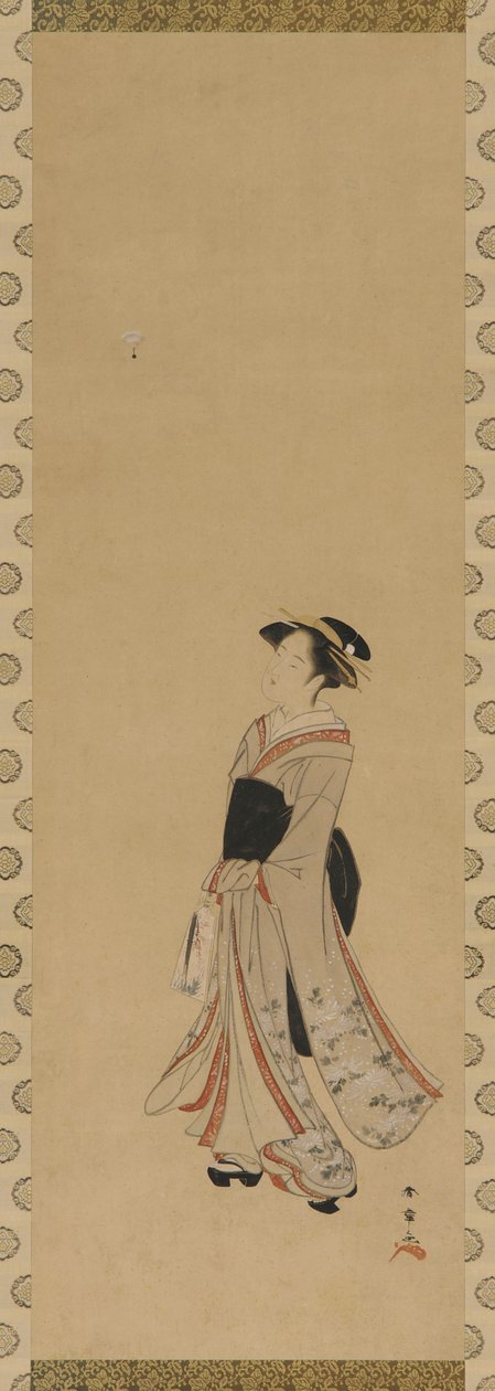 一个女孩在玩battledore和毽子，江户时期，18世纪。 作者 春庄