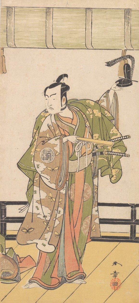 扮演武士的岚三郎站在大屋的阳台上，1774年或1775年。 作者 春庄