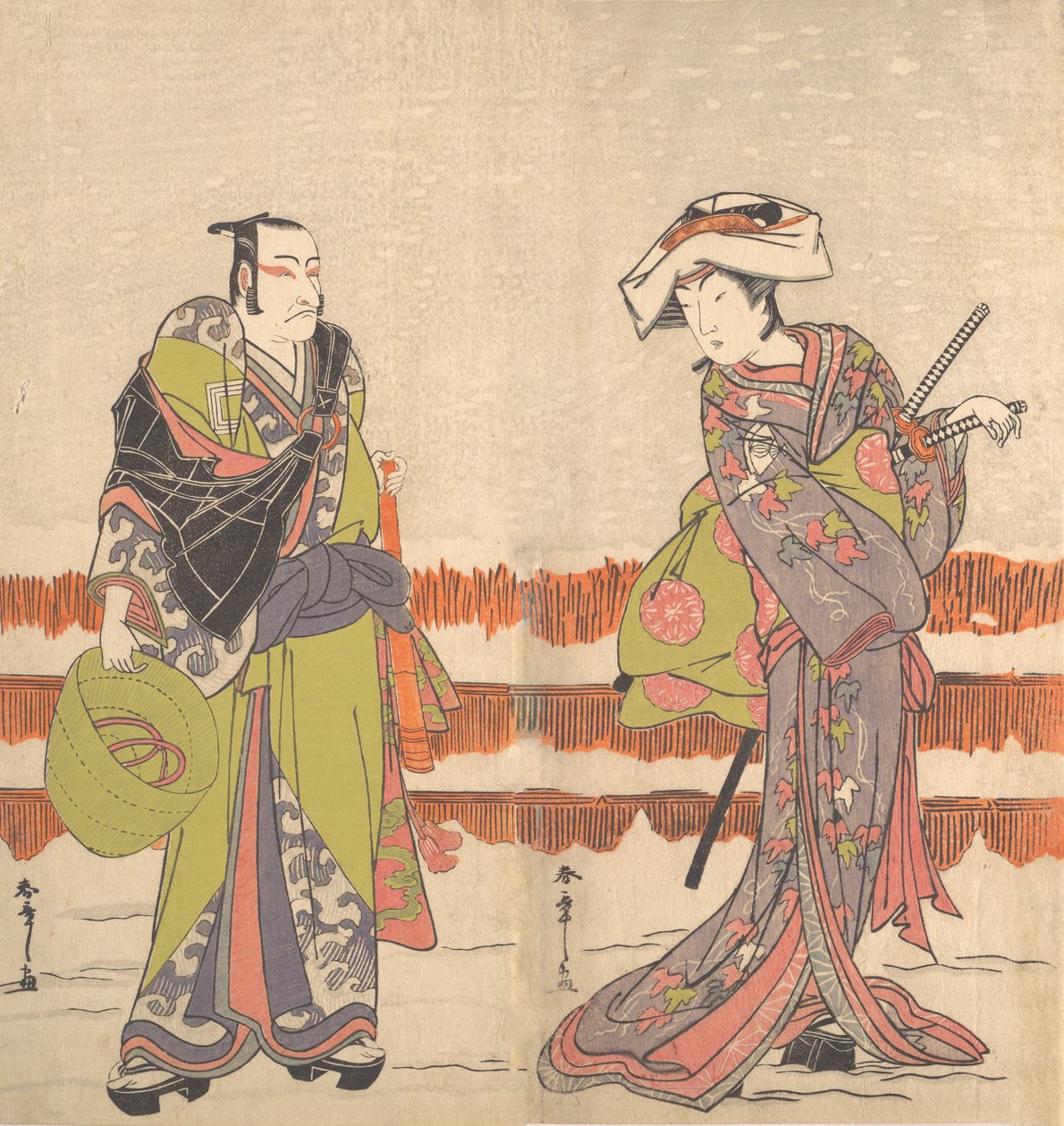 Ichikawa Danjuro 第五次作为Komuso，右手拿着一个篮子帽子，约1775年。 作者 春庄