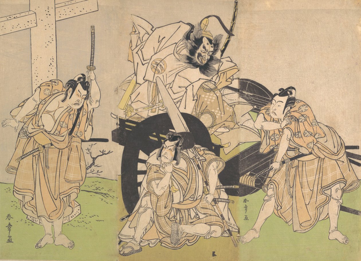 歌舞伎演员市川耀三二世、中岛美穗右卫门二世、市川惠比寿三世......，1776年7月。 作者 春庄