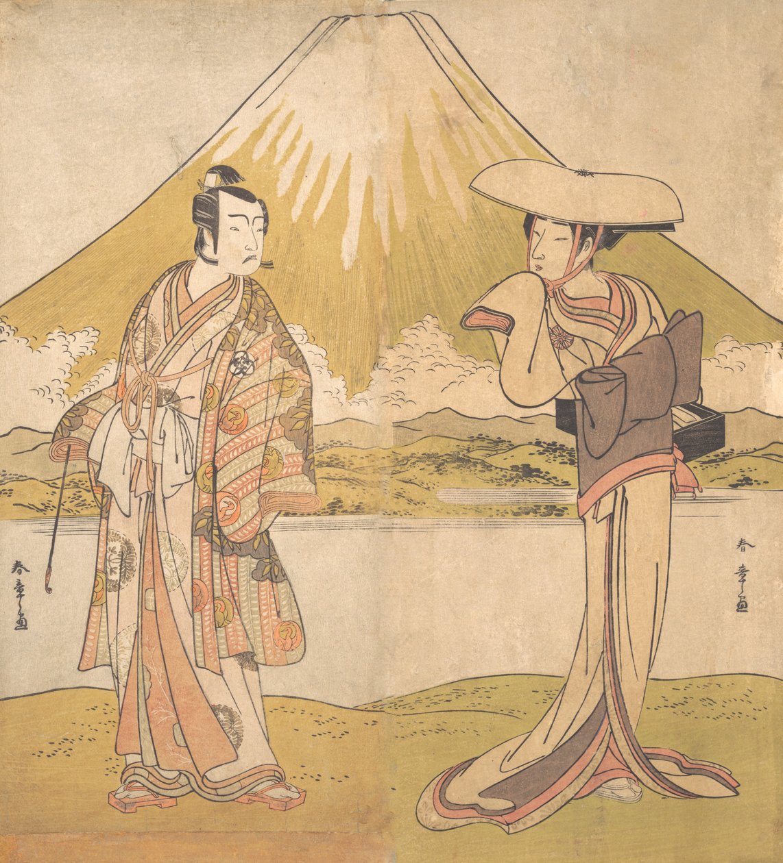 演员Bando Mitsugoro扮演一个穿着华丽衣服的人，站在田野上......，约1778年。 作者 春庄