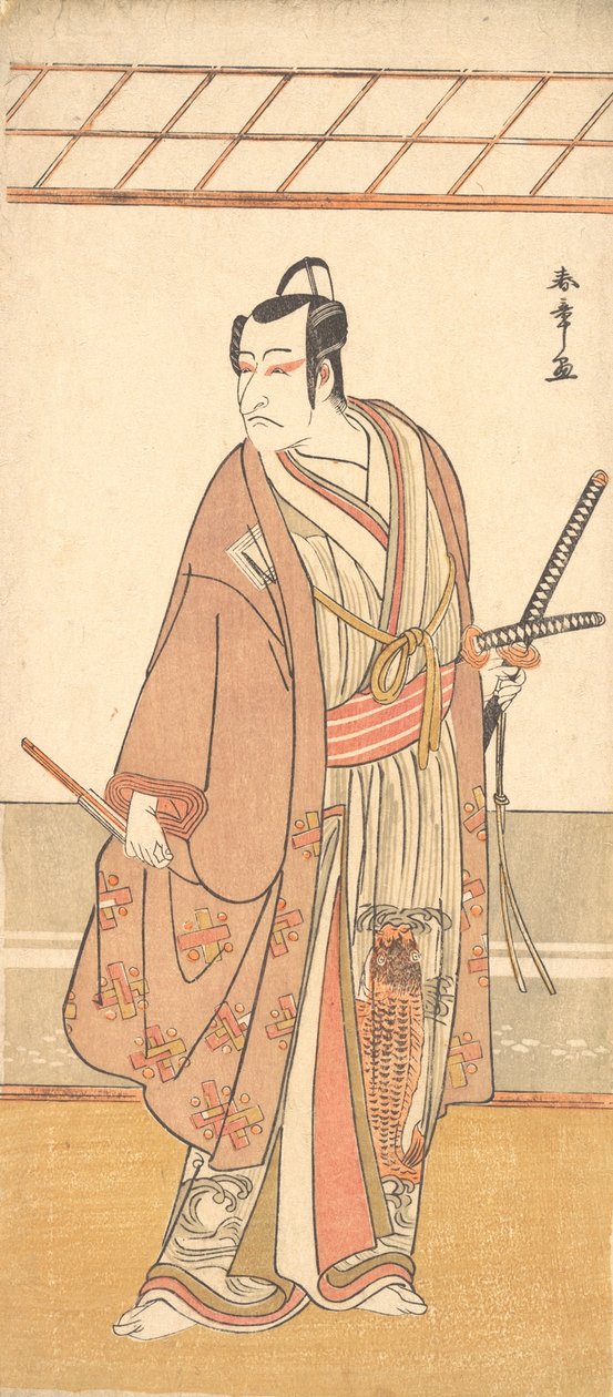 演员Ichikawa Danjuro V扮演一个身穿紫色Haori外套的武士，约1778年。 作者 春庄