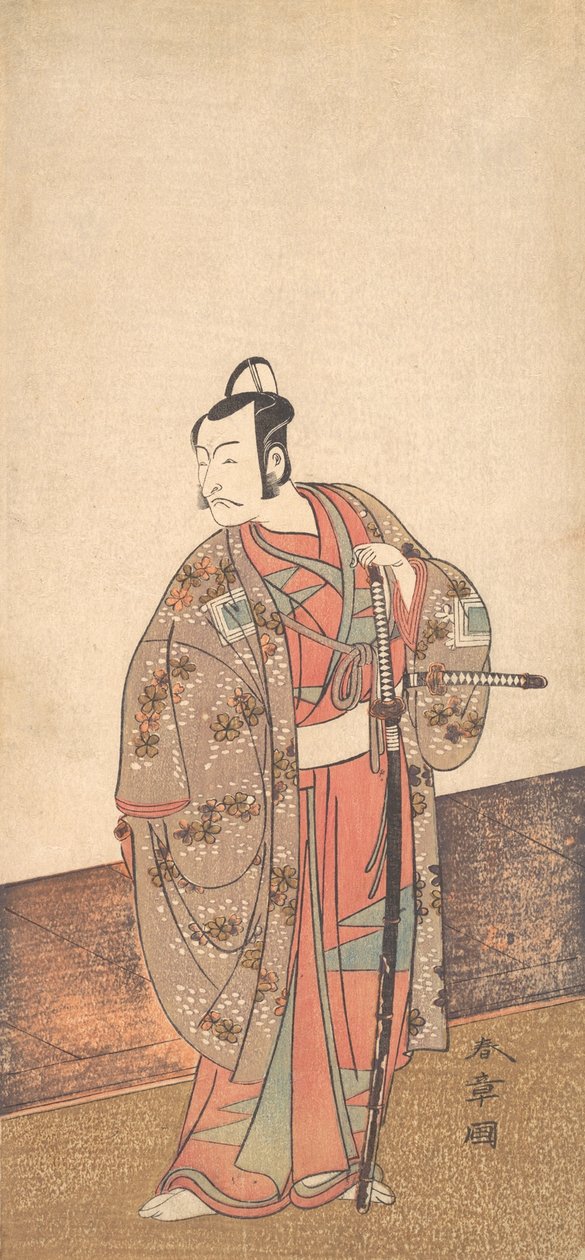 演员Ichikawa Danjuro V站在一所房子里和一个engawa前，约1772年。 作者 春庄