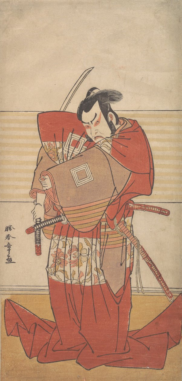 演员石川团十郎五世手持拔出的剑表演 "柴刀"......，约1781年。 作者 春庄