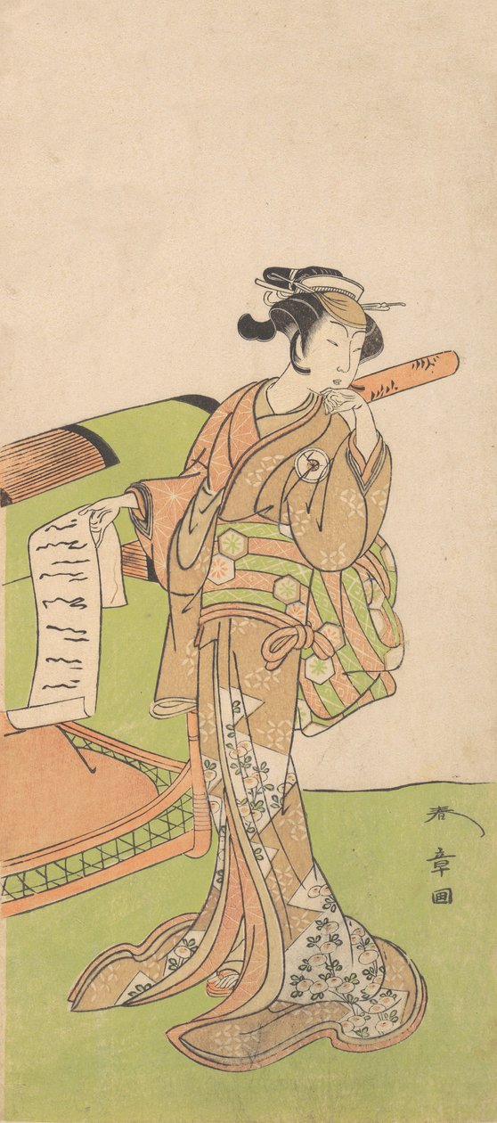 扮演女性角色的演员岩井半四郎，站在一个婴儿的旁边，1726-1792。 作者 春庄