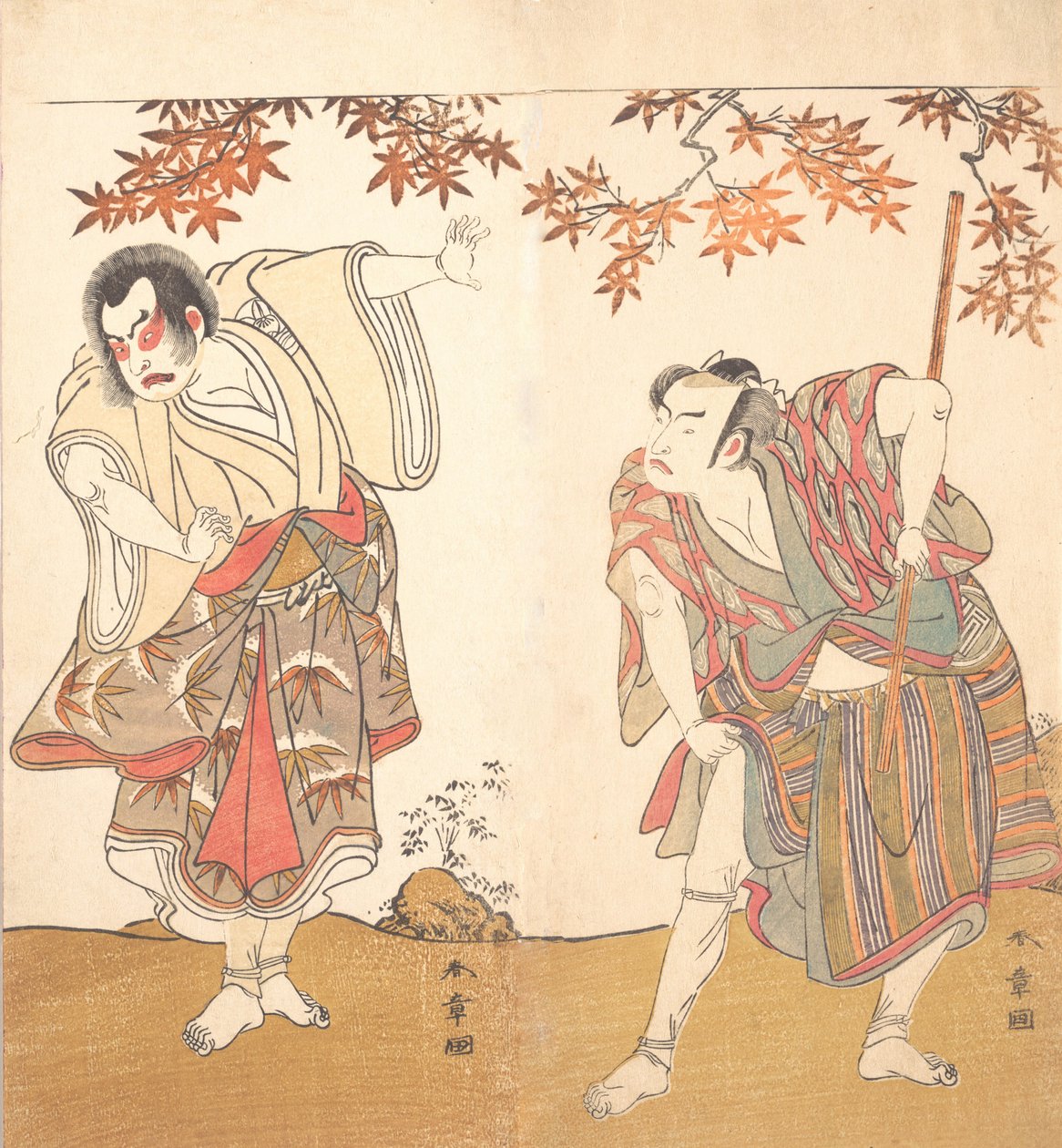 演员Ichimura Uzaemon和Arashi Sangoro，约1773年。 作者 春庄