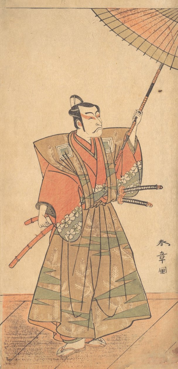 第五代市川团十郎作为一个武士，身着礼仪上衣，可能是1774年。 作者 春庄