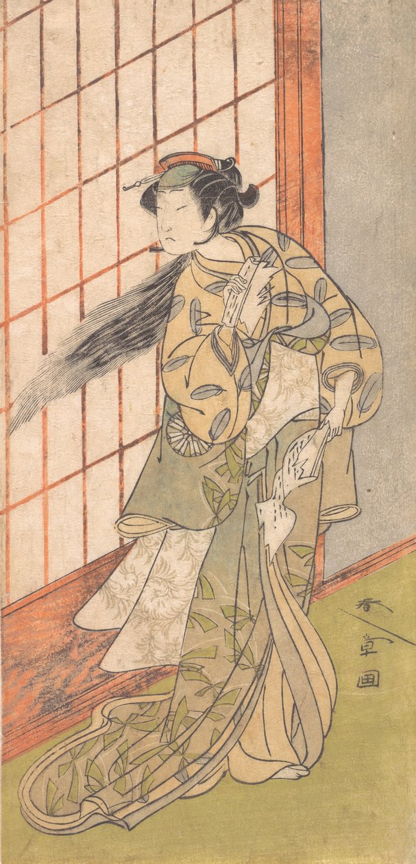 第一张中村富三郎扮演的愤怒的女人站在一个房间里，1772年或1773年。 作者 春庄