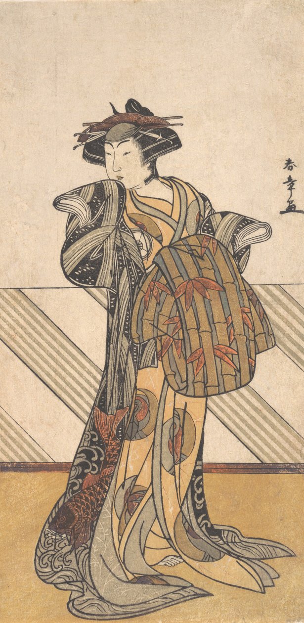 第四幅岩井半四郎扮演身穿粉红色和服的宫女，约1778年。 作者 春庄