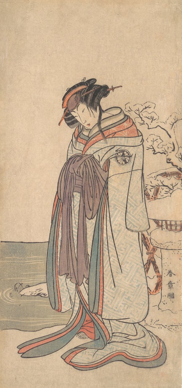第三幅濑川菊之郎扮演的站在雪中的宫女，可能是1775年。 作者 春庄