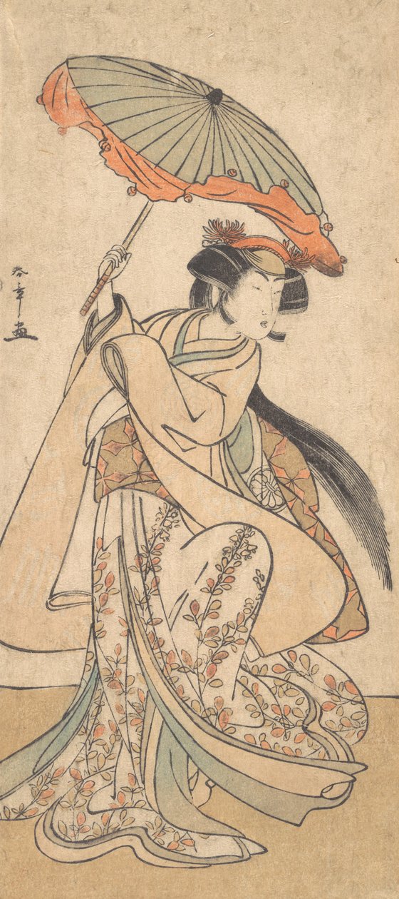 濑川菊之助三世作为一个女人在肖萨表演中跳舞，约1785年。 作者 春庄