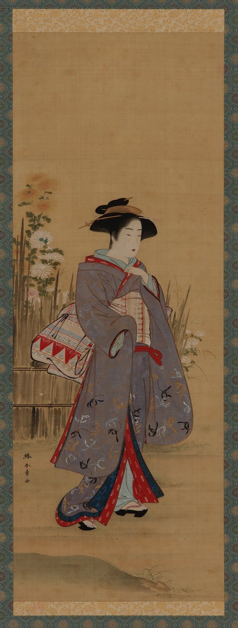 靠近一个有围栏的花圃的女人，18世纪末。 作者 春庄