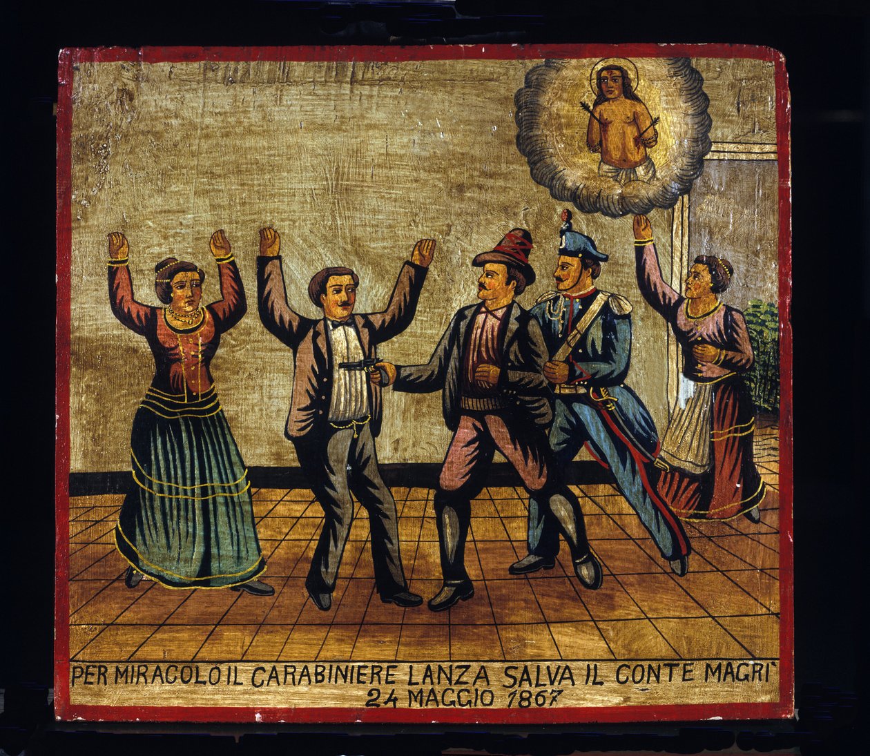 Ex-voto (ex voto) 西西里人：“奇迹般地，Carabinier Lanza 于 24/05/1867 拯救了马格里伯爵””。 强盗的表现（Brigantaggio）：强盗用手枪攻击马格里夫妇，而登山扣则从背后给他一个惊喜。 . 作者 西西里学校