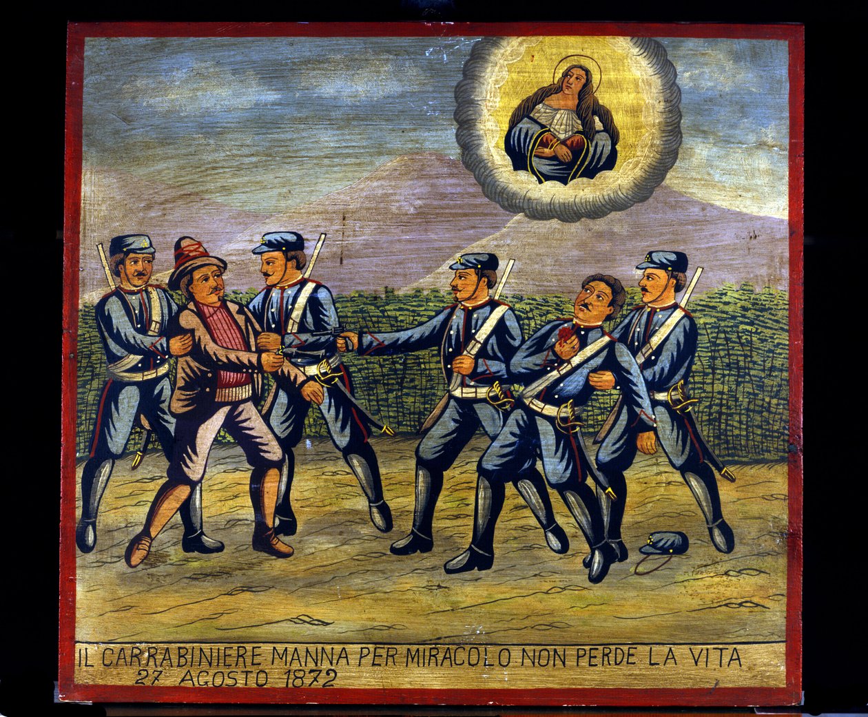 Ex-voto (ex voto) 西西里人：“”奇迹的登山扣 Manna 在 27/08/1872 没有丧生””。 强盗的代表 (Brigantaggio)：一名强盗向 Carabinier Manna 开枪，而另一名 Carabinieri 阻止了他。 . 作者 西西里学校