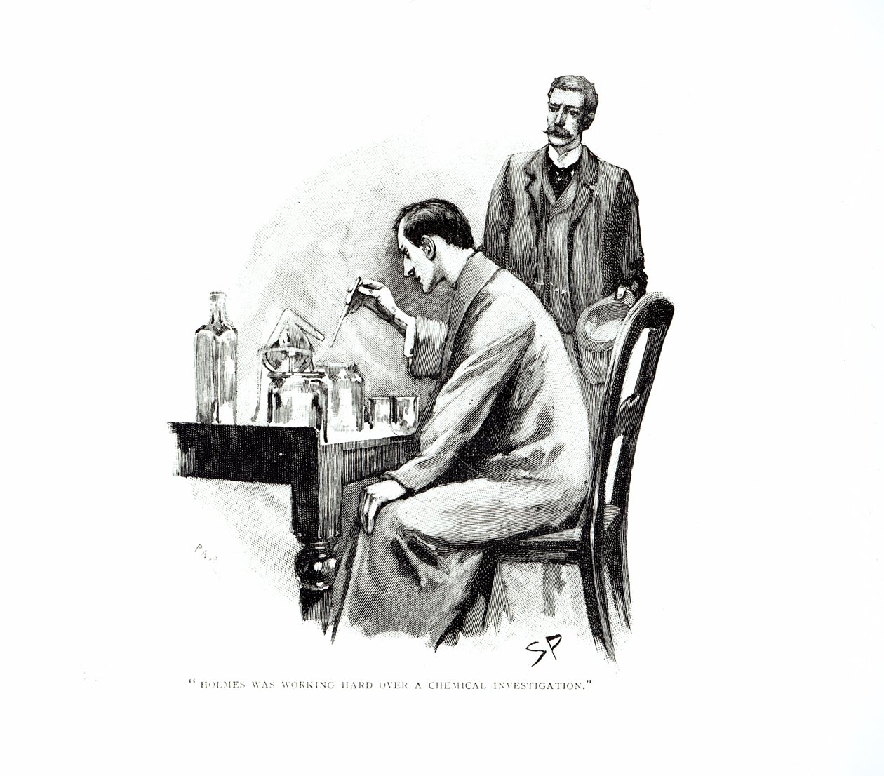 “福尔摩斯正在努力进行化学调查”，作为“海军条约”的插图，作者：亚瑟柯南道尔（1859-1930），于1893年10月和11月在“斯特兰德杂志”上发表（ 作者 悉尼佩吉特