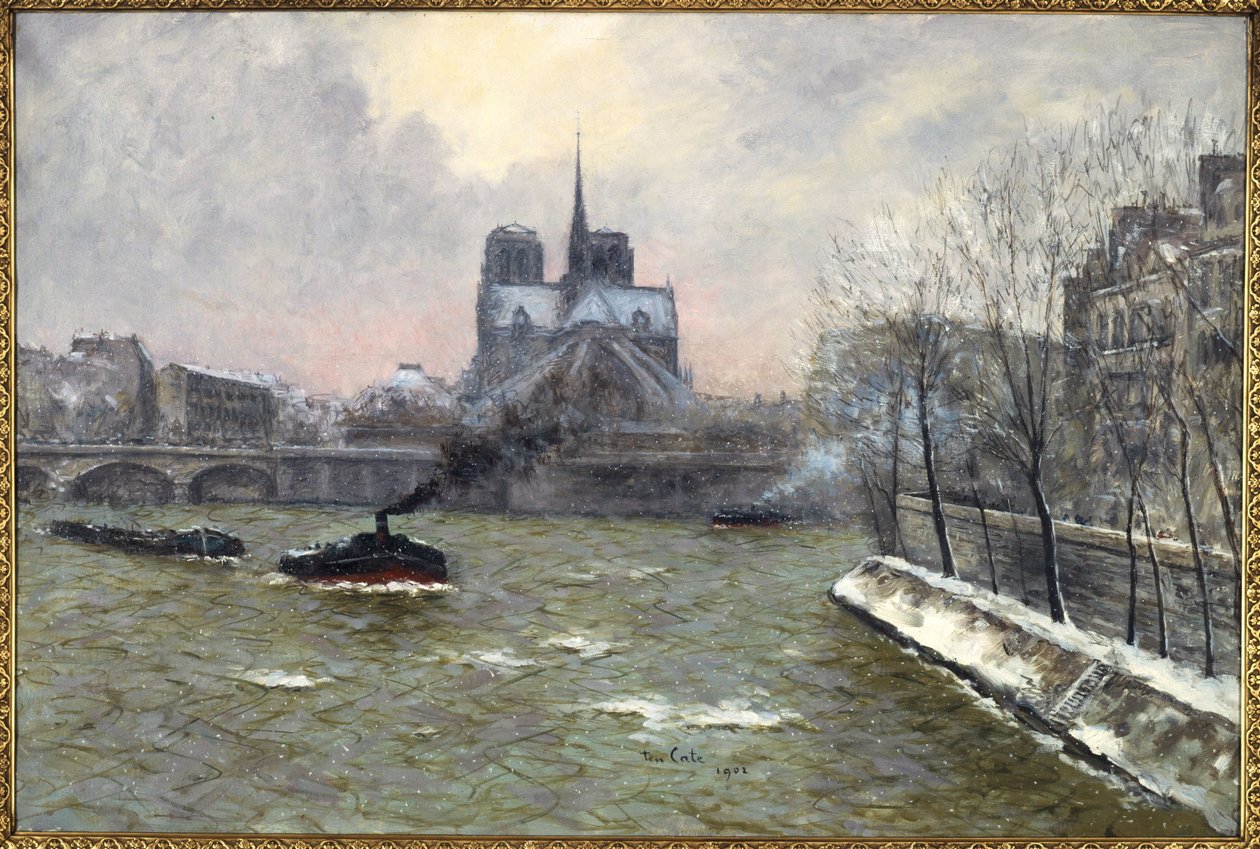 从图尔奈尔桥（Pont de la Tournelle）看圣母院的雪景，雪景效果 作者 希夫·约翰内斯·十凯特