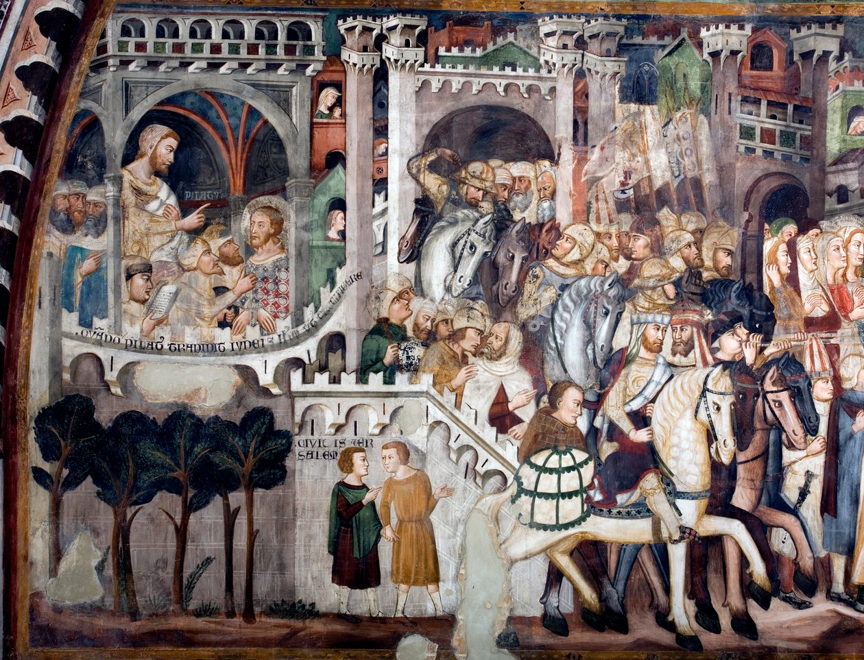 View of the detail of a fresco decorating the Upper Church depicting the Montee at Calvary: on the left Jesus in front of Pontius Pilate. Realised by the school of Siena from the beginning of the 14th century. Monastery of Saint Benedetto (Sacro Speco), Su 作者 中华学校