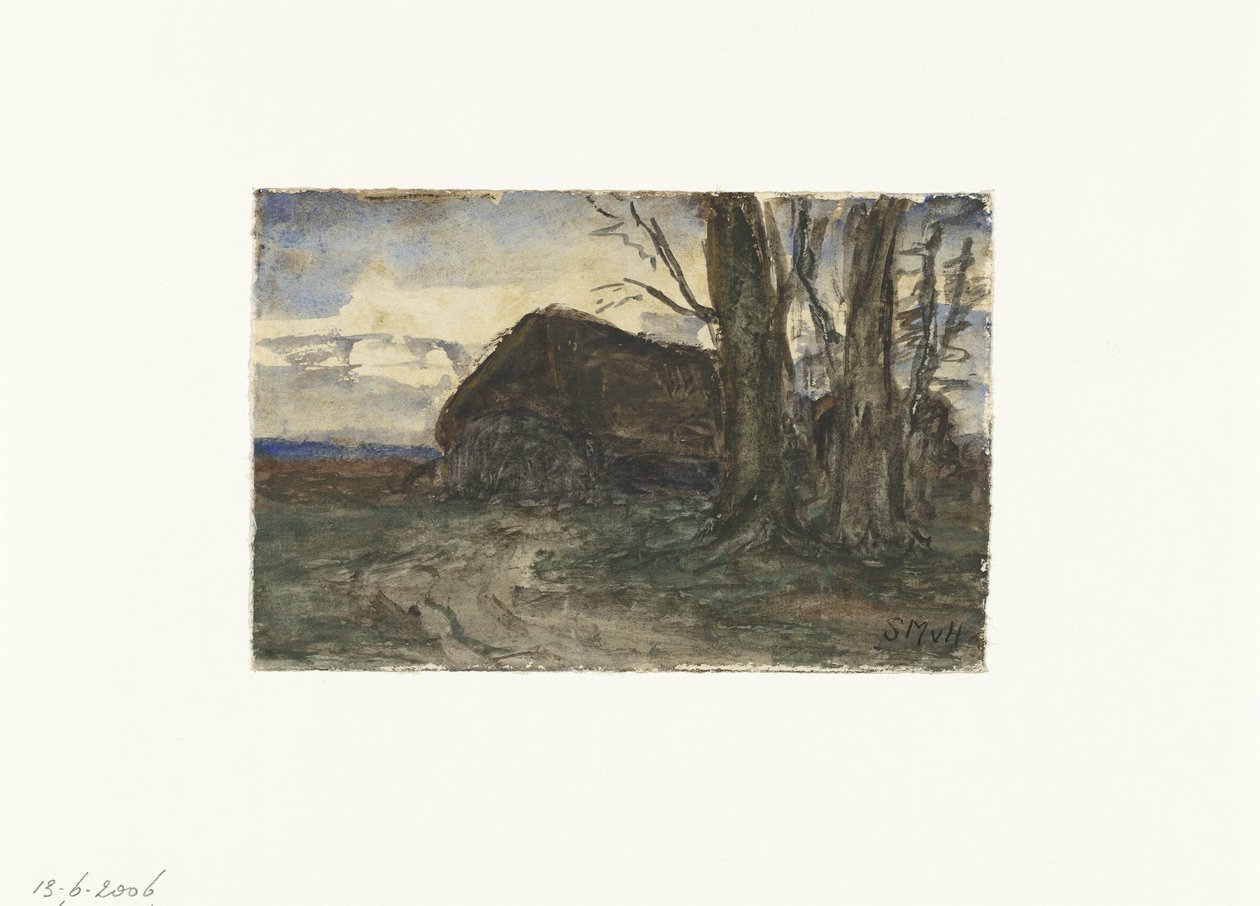 傍晚天空中树木附近的羊圈 作者 Sientje Mesdag van Houten