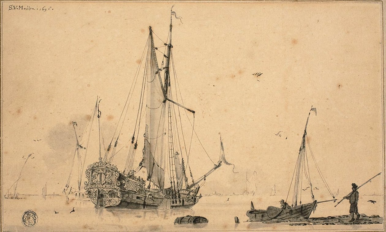有船和渔夫的港口场景 作者 Sieuwert van der Meulen