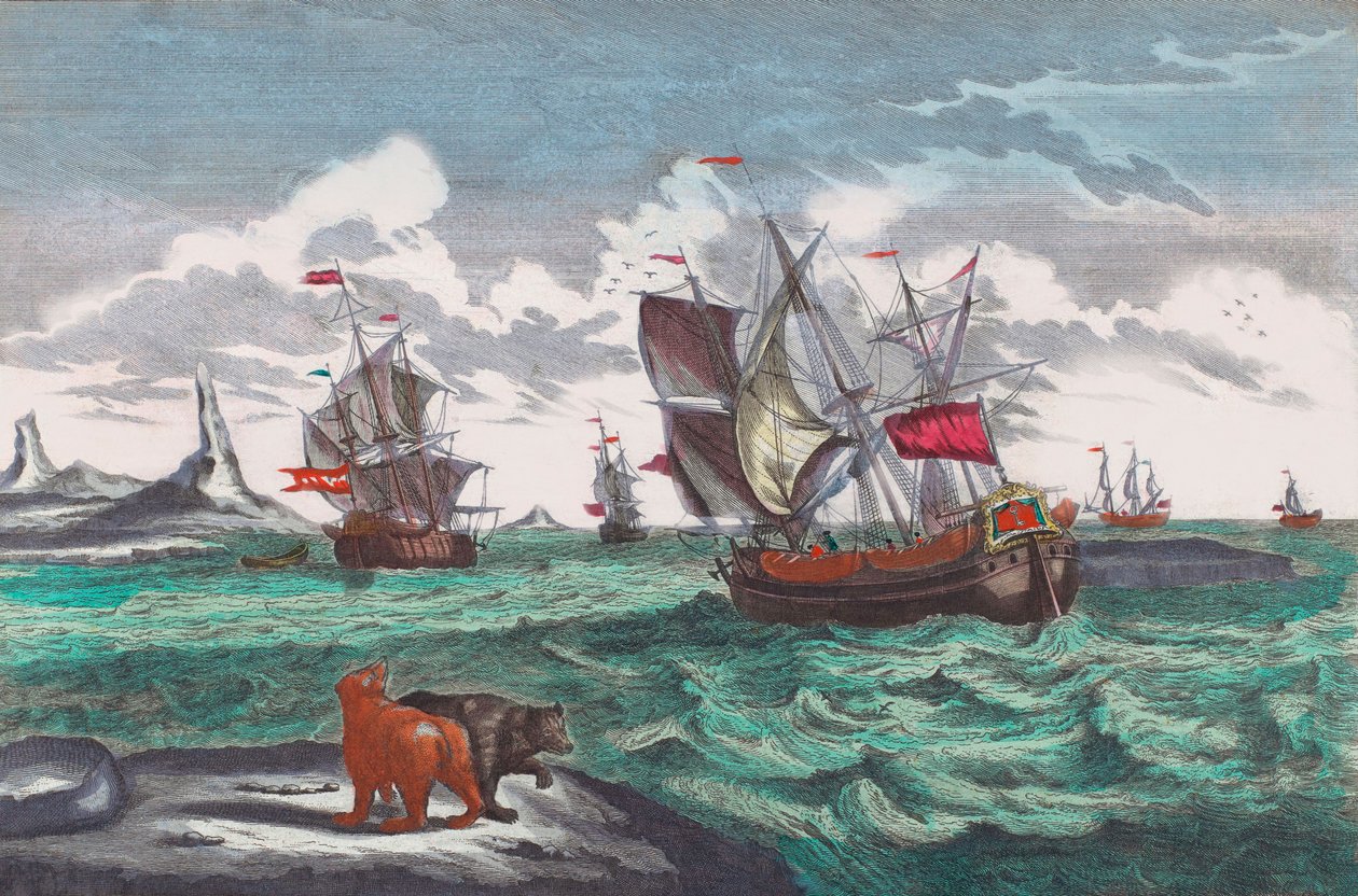 18 世纪格陵兰岛附近的捕鲸船队（雕刻） 作者 Sieuwert van der Meulen