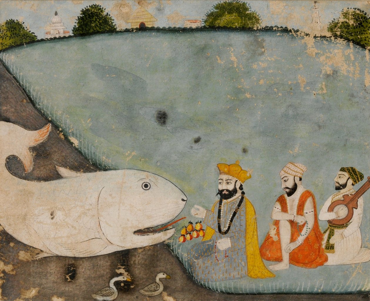 纳纳克（Gana Nanak）与巴拉，马尔达纳（Mardana）和大鱼（Matsyavatara中的毗湿奴（Vishnu）） 作者 锡克教学校