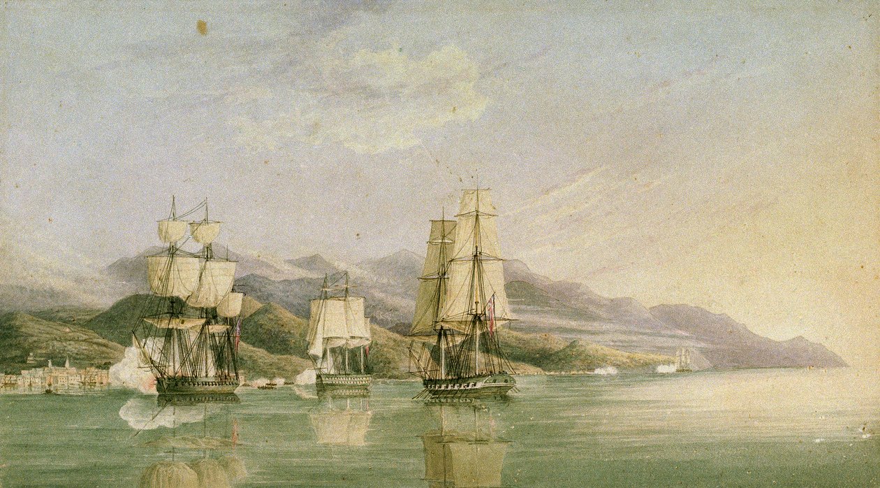 1812 年 6 月 27 日，18 艘法国商船在莱格雷里亚和阿拉西奥遇袭，19 世纪初（钢笔、墨水、石墨、水彩） 作者 塞拉斯·汤姆森 (Silas Thomson) 胡德