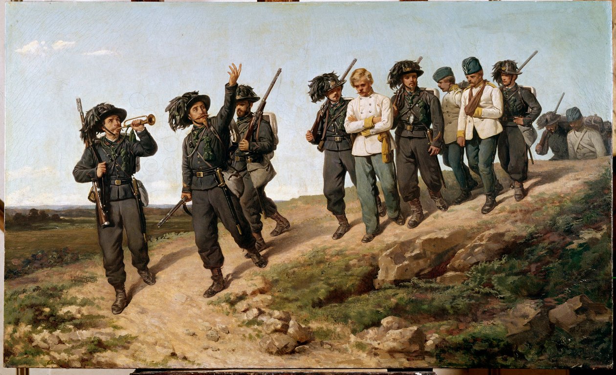 1859年意大利战役的情节。"奥地利战俘被战俘包围 "西尔维斯特-莱加（1826-1895）的画作 1861年 太阳。57,5 x 95厘米 佛罗伦萨，现代艺术画廊 作者 西尔维斯特雷·莱加