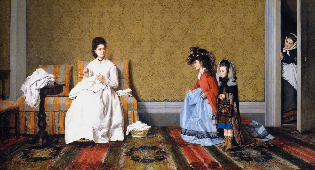 照顾女士的女孩，由Silvestro Lega（1826-1895）创作，布面油画，59x111厘米 作者 西尔维斯特雷·莱加