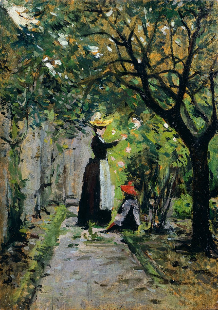在玫瑰园，由Silvestro Lega (1826-1895)创作，油画板，36.5x25.5厘米 作者 西尔维斯特雷·莱加