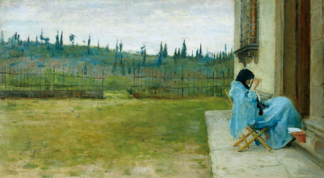 工作中的女士，由Silvestro Lega（1826-1895）创作，布面油画，22x40厘米 作者 西尔维斯特雷·莱加