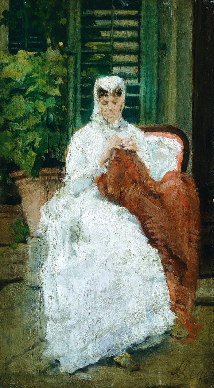 西尔维斯特罗-莱加（1826-1895）的《缝纫女工》，面板油画，27.5x15.5厘米 作者 西尔维斯特雷·莱加