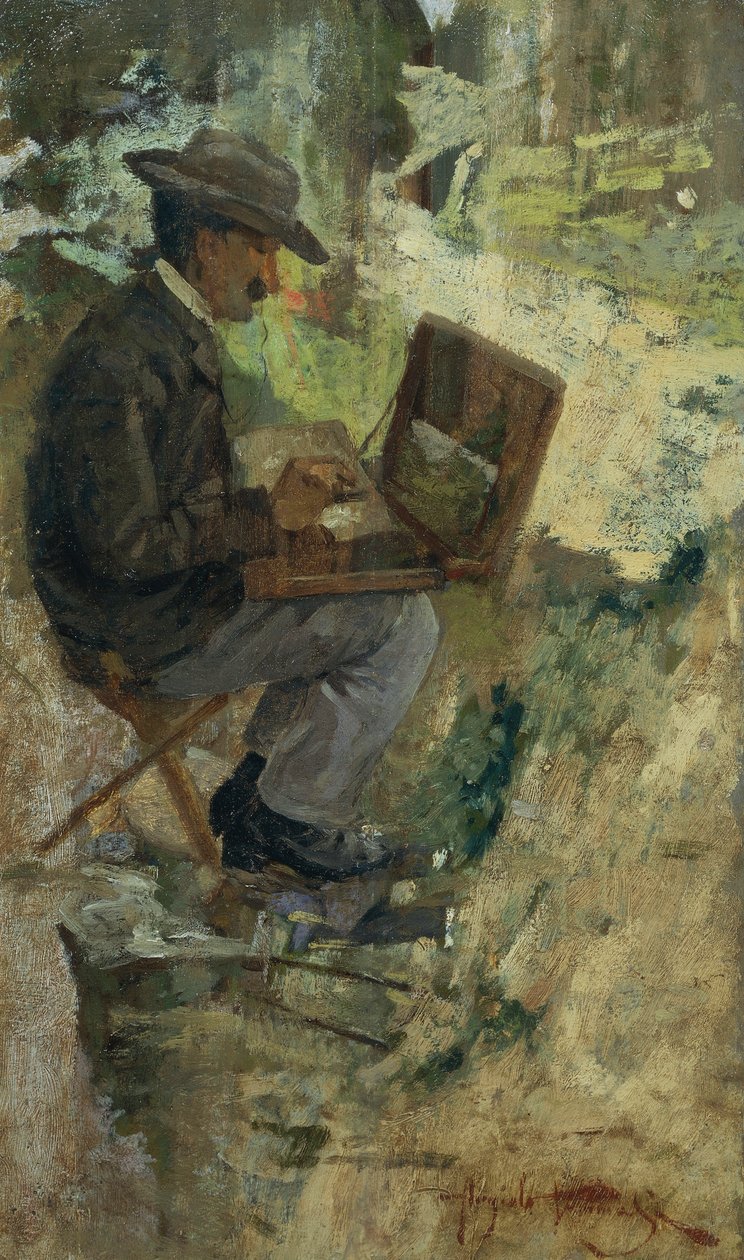 安吉洛-托马西（1858-1923）的《西尔维斯特-莱加肖像》画作，板面油画 作者 西尔维斯特雷·莱加