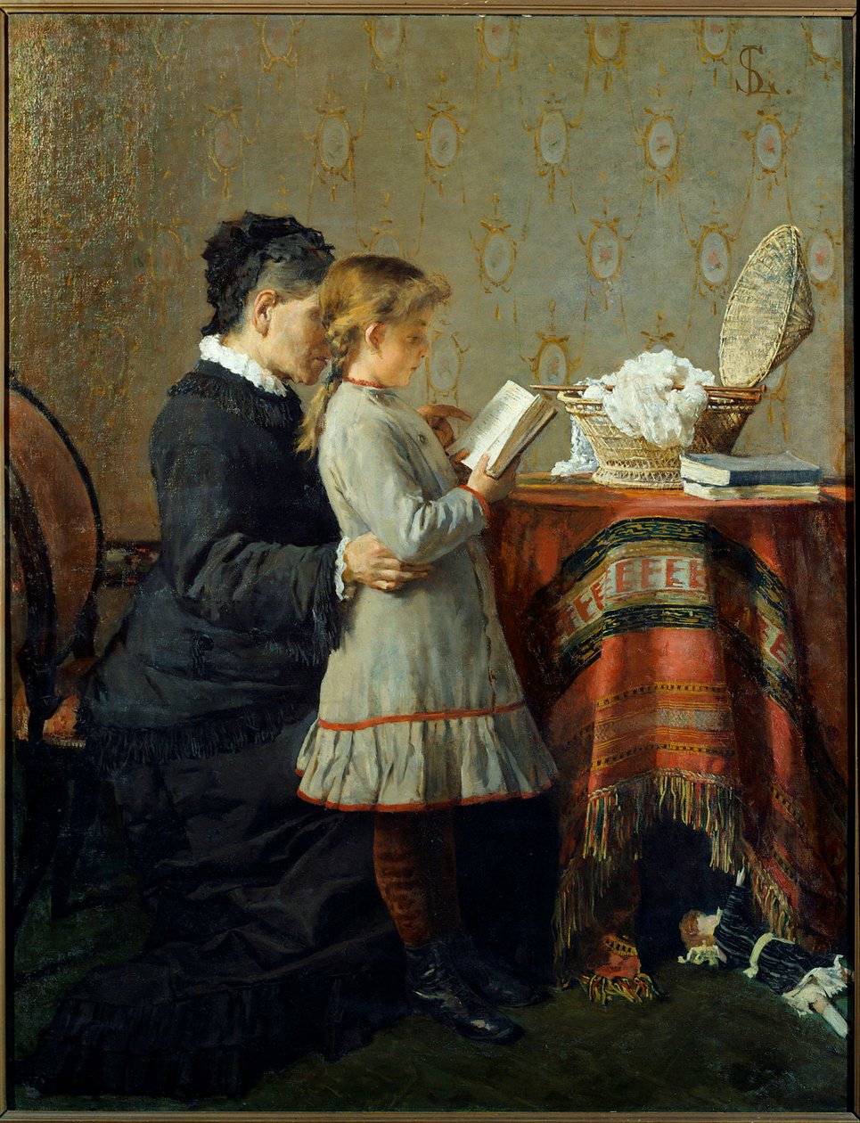 阅读课。一名护士在学习阅读一个小女孩。画家：Silvestro Lega (1826-1895) Ec.意大利 作者 西尔维斯特雷·莱加