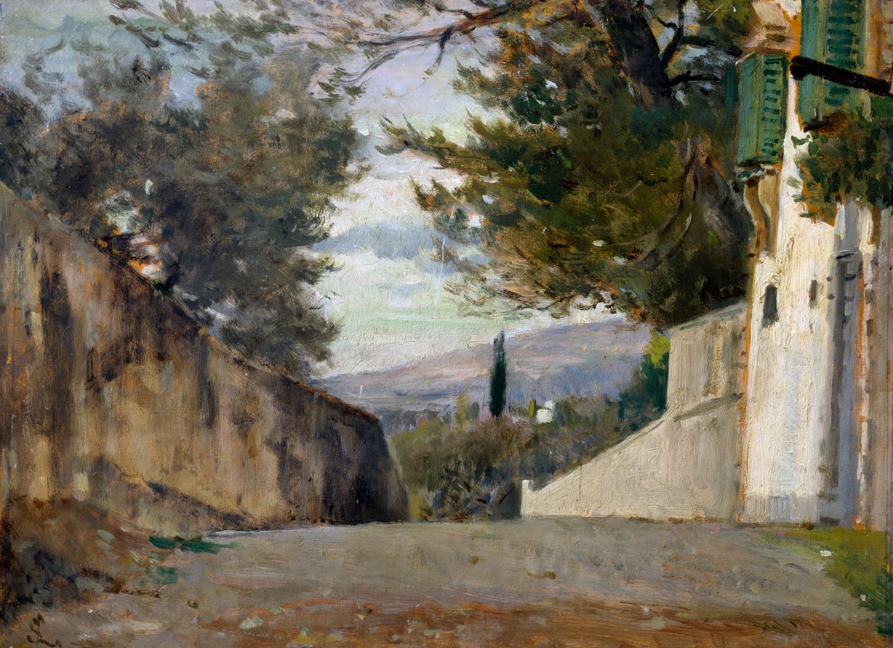 Firenze的Salita del Pellegrino，Silvestro Lega（1826-1895），油画板，24x35厘米，意大利 作者 西尔维斯特雷·莱加