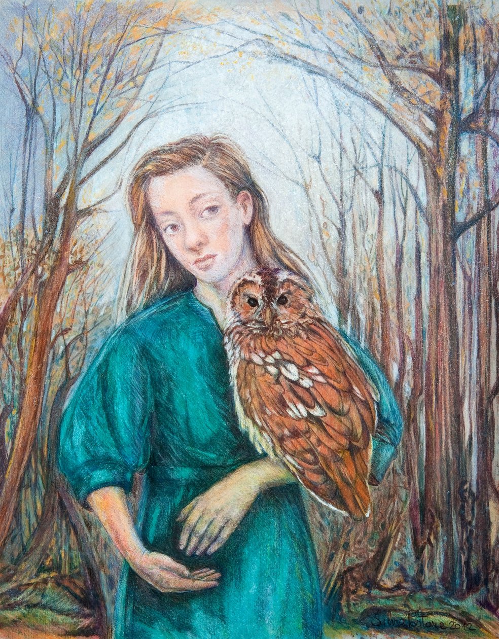 猫头鹰的女孩，2012年（水彩与粉彩） 作者 西尔维亚·帕斯托（Silvia Pastore）