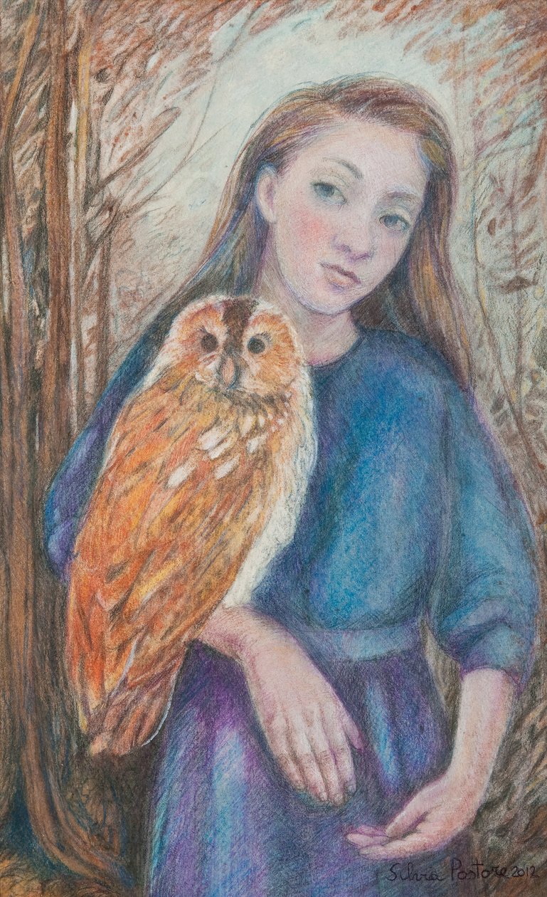 猫头鹰的女孩，2012（wc＆蜡笔在纸上） 作者 西尔维亚·帕斯托（Silvia Pastore）