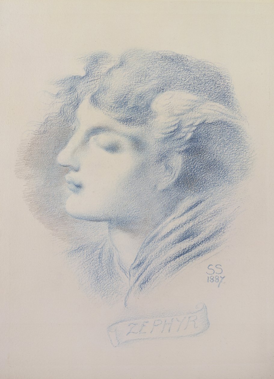 Zephyr，1887年（蓝色蜡笔和铅笔在纸上） 作者 西蒙·所罗门