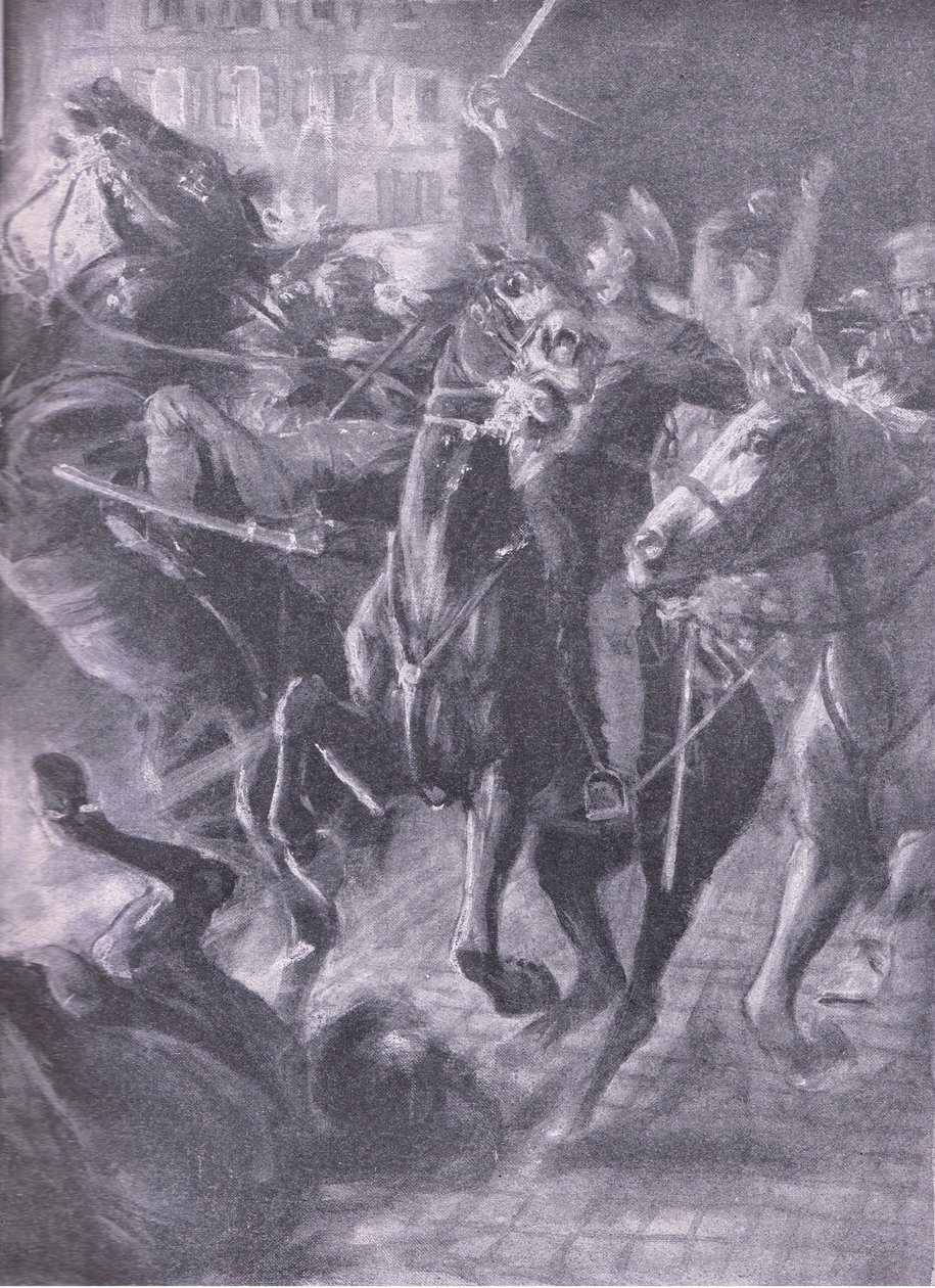 英国骑兵在2014年10月的大规模运动中的夜间冲锋，来自Waverley Book Co Limited出版的“战争史”第3卷，c.1920 作者 西蒙·哈蒙·维德