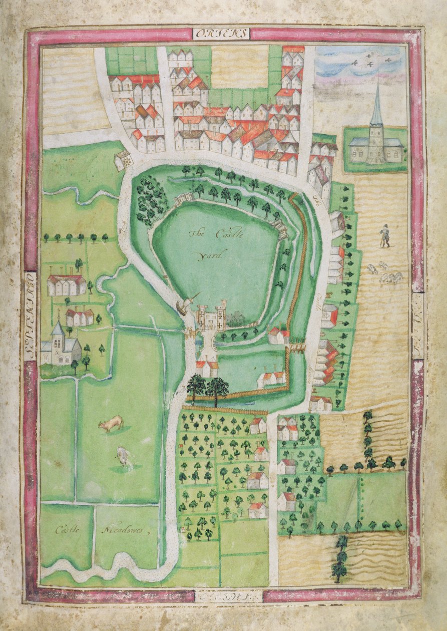 赫特福德城堡和城堡庭院，来自“Symon Basyll Surveyor采取的调查......”，1608年（笔和墨水与纸张上的水粉和水粉） 作者 西蒙·罗勒