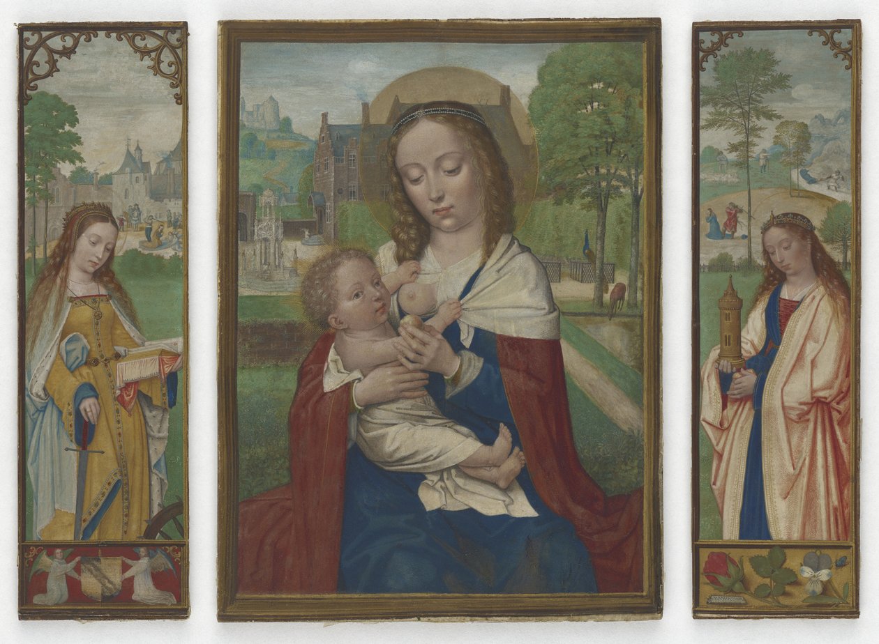 处女与儿童; Saints Catherine和Barbara，c.1520（牛皮纸上的蛋彩画） 作者 西蒙·贝宁