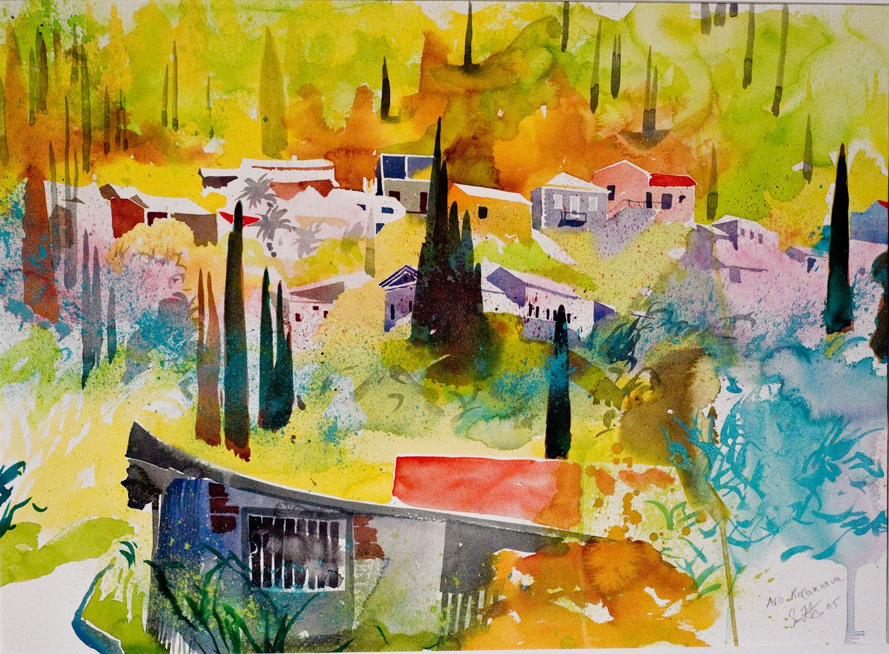 科孚岛 Ano Korakiana，2005 年（纸面水彩画） 作者 西蒙·弗莱彻