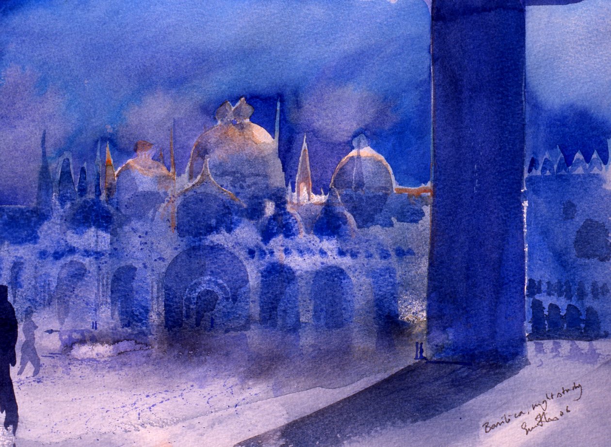 大教堂，夜景研究，2006 年（纸面水彩画） 作者 西蒙·弗莱彻