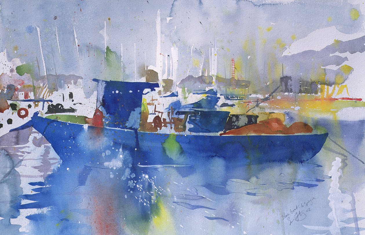 蓝船，意大利拉塞佩齐亚，2002 年（水彩画） 作者 西蒙·弗莱彻