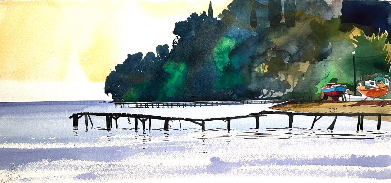 科孚岛码头，2007 年（水彩画） 作者 西蒙·弗莱彻