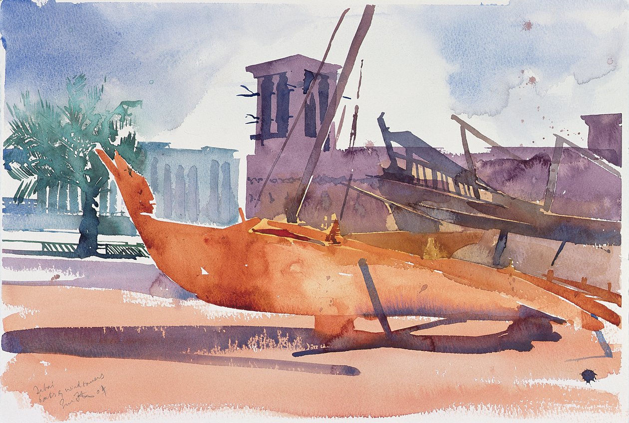迪拜，船和风塔，2004 年（纸上水彩画） 作者 西蒙·弗莱彻